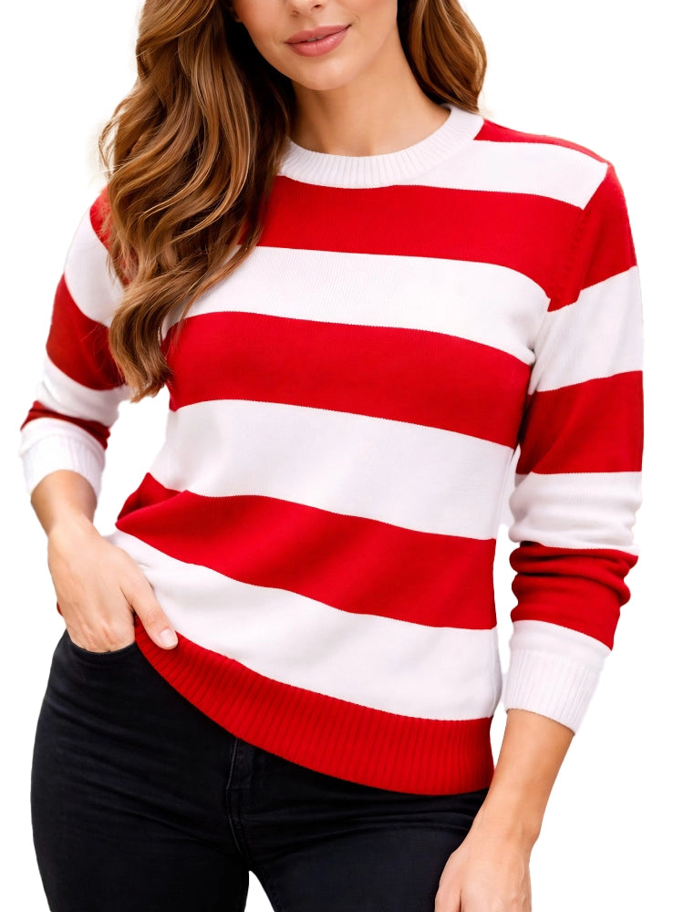 Woman wearing a red and white striped sweater in an outdoor setting with trees and buildings. Women’s Red & White Stripe Knitted Jumper