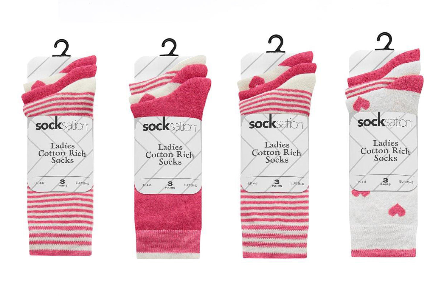 Ladies Heart Print Stripe Celebration Socks 3 Pack