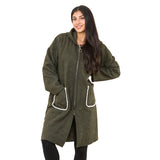 Ladies Longline Zip Up Textured Hoodie Coat Khaki