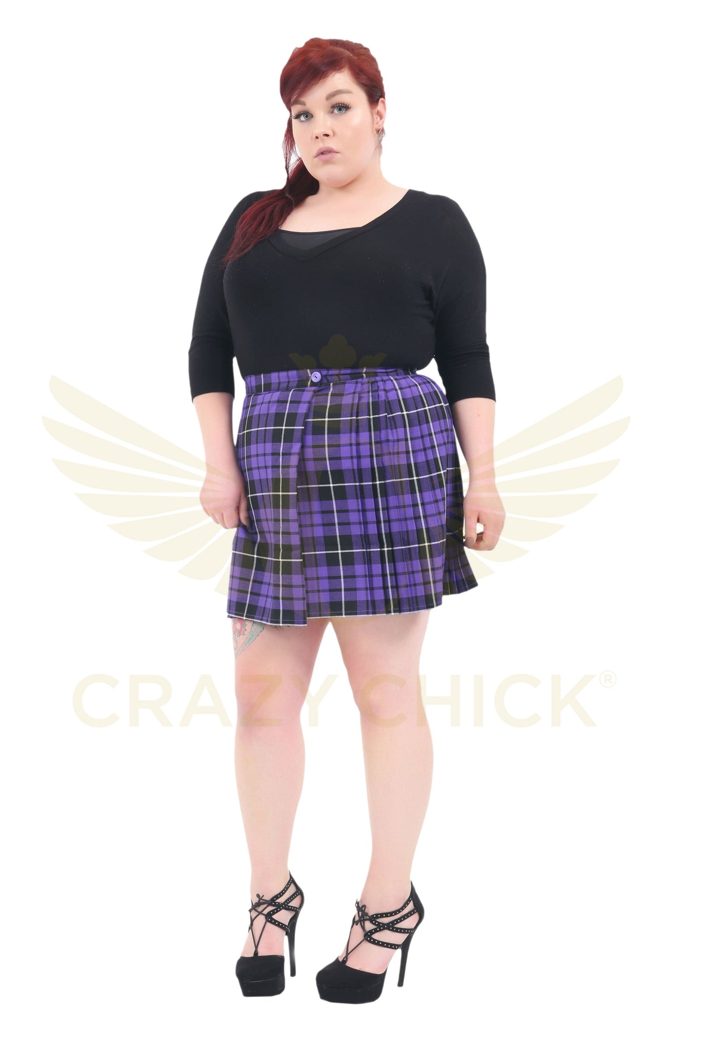 Women's 18 Inches Tartan Pleated Wrap Over Buttoned Skirt