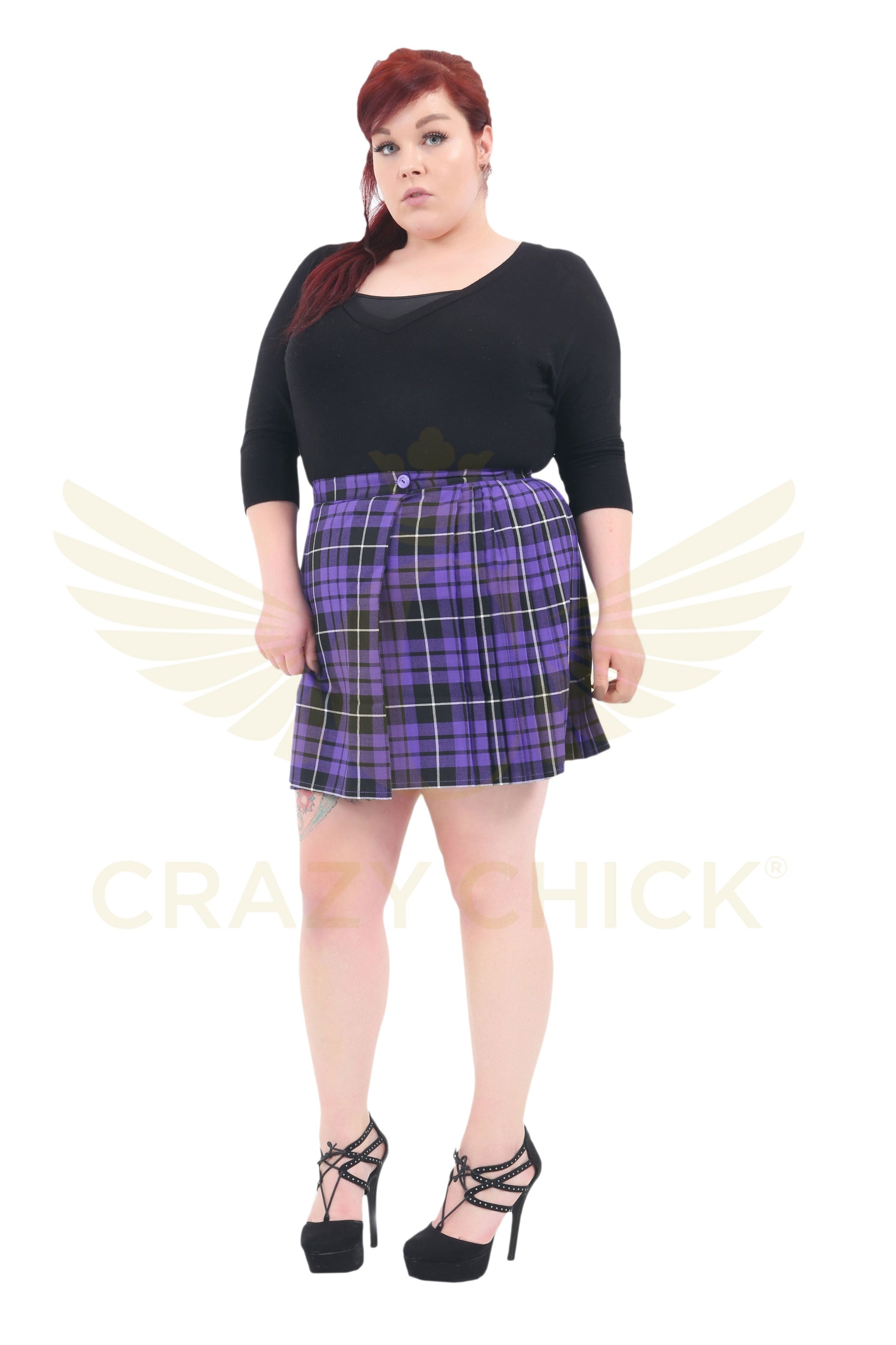 Women's 18 Inches Tartan Pleated Wrap Over Buttoned Skirt