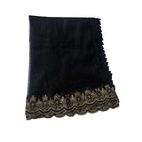 Muslim Women's Black Net Dupatta with Golden Embroidery and Lace Details